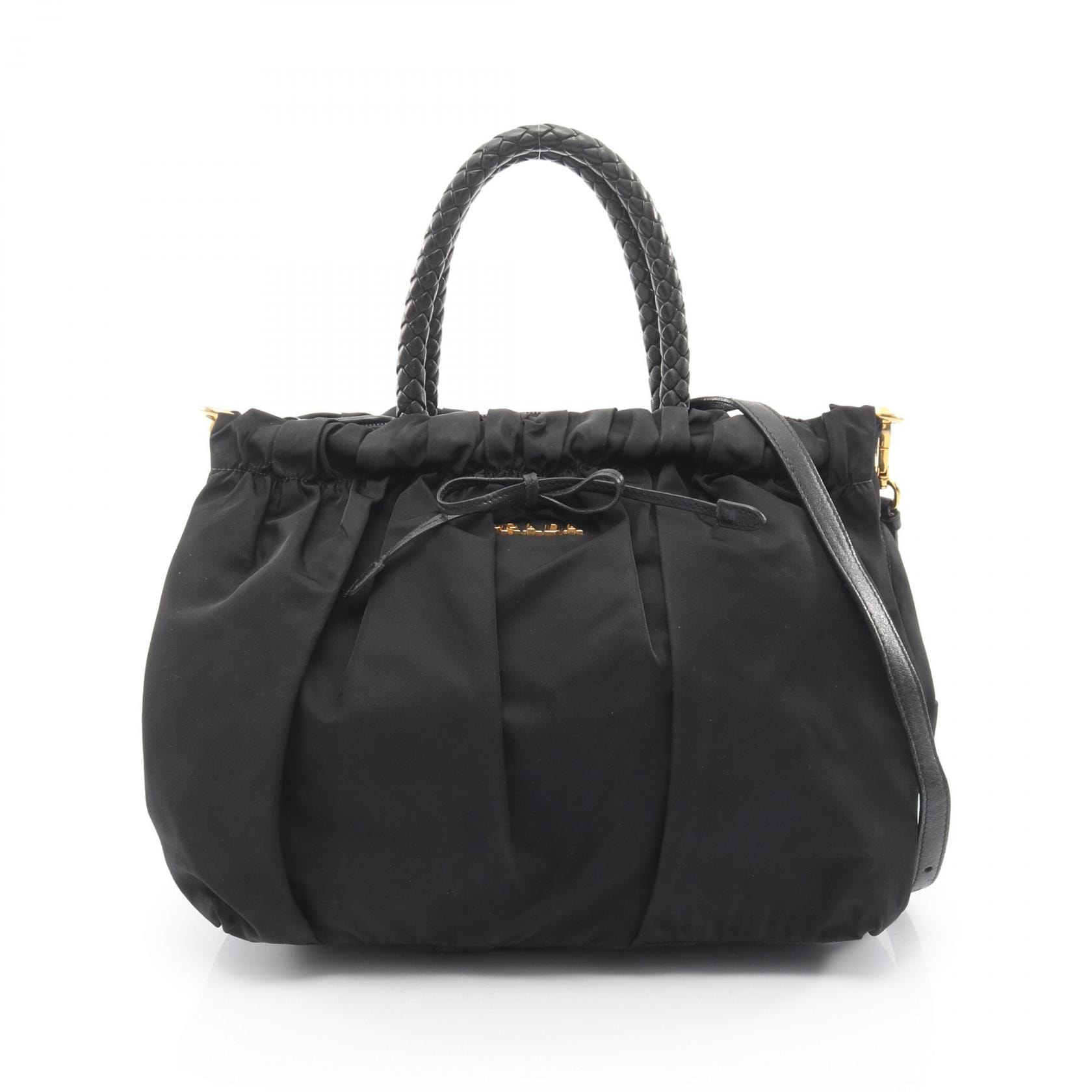 プラダ PRADA TESSUTO BOW 編み込みハンドル 2WAY ハンドバッグ バッグ ナイロン レザー レディース ブラック系 BN1778 【中古】