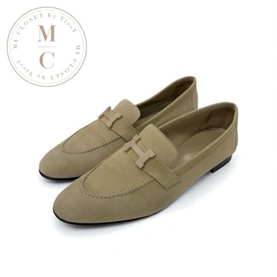 エルメス HERMES パリ ローファー 革靴 靴 シューズ スエード ベージュ H金具 モカシン
