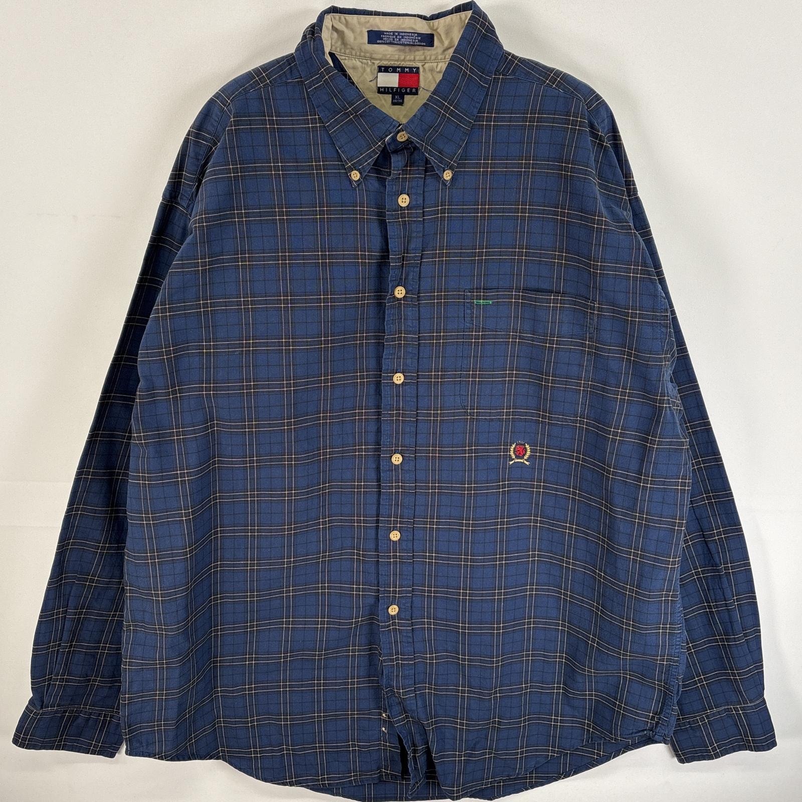 古着 90's/90年代 トミーヒルフィガー TOMMY HILFIGER 長袖シャツ ボタンダウンシャツ ワンポイント ロゴ 刺繍 フラッグタグ XL  ネイビー系 チェック メンズ