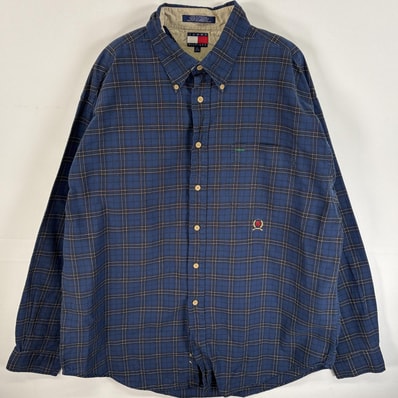 古着 90's/90年代 トミーヒルフィガー TOMMY HILFIGER 長袖シャツ ボタンダウンシャツ ワンポイント ロゴ 刺繍 フラッグタグ XL ネイビー系 チェック メンズ