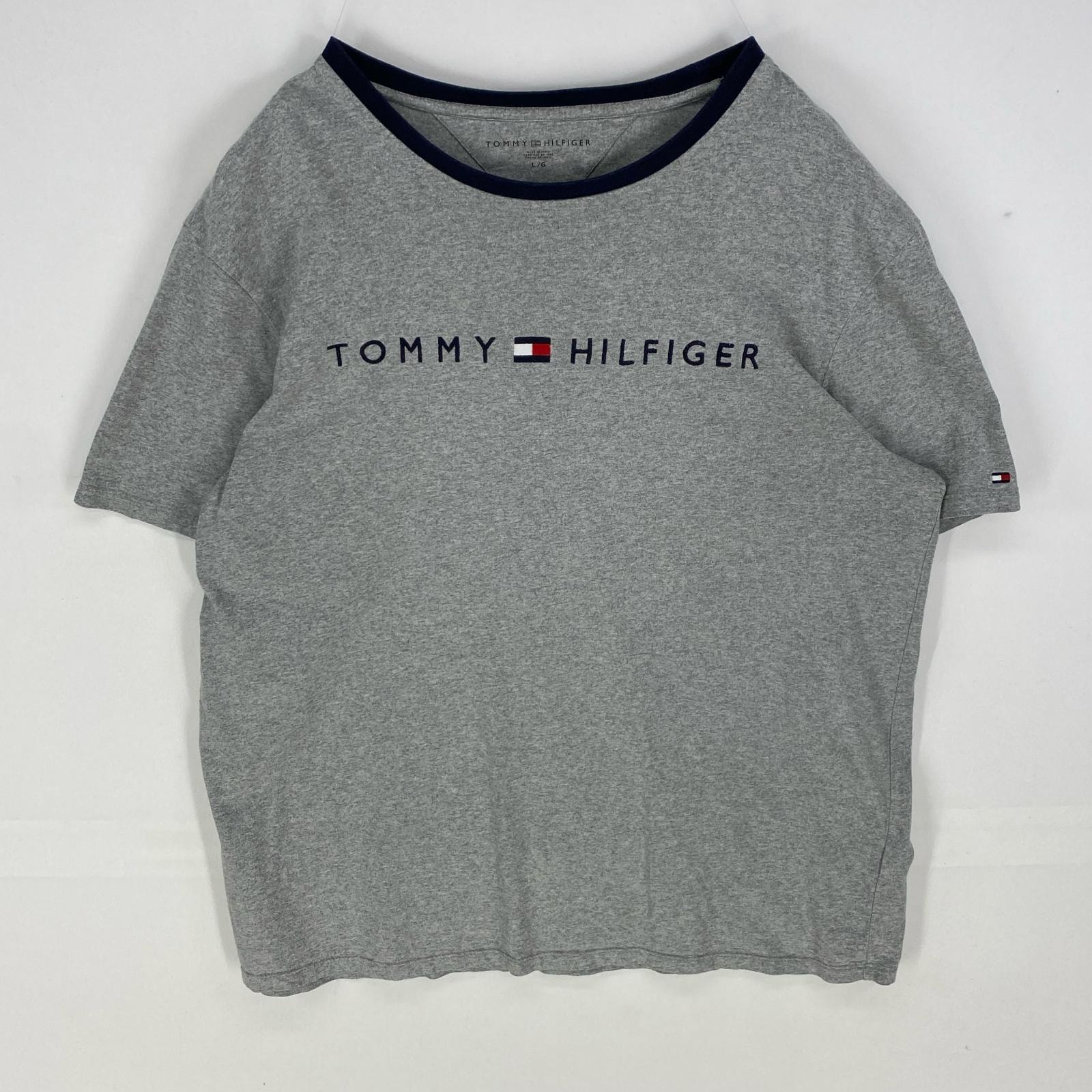 古着 トミーヒルフィガー TOMMY HILFIGER 半袖Tシャツ ロゴ刺繍 クルーネック ワンポイント L  グレー系 メンズ