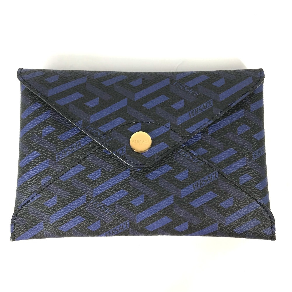 ヴェルサーチ VERSACE グレカ クラッチバッグ カバン ポーチ レザー ブルー 美品