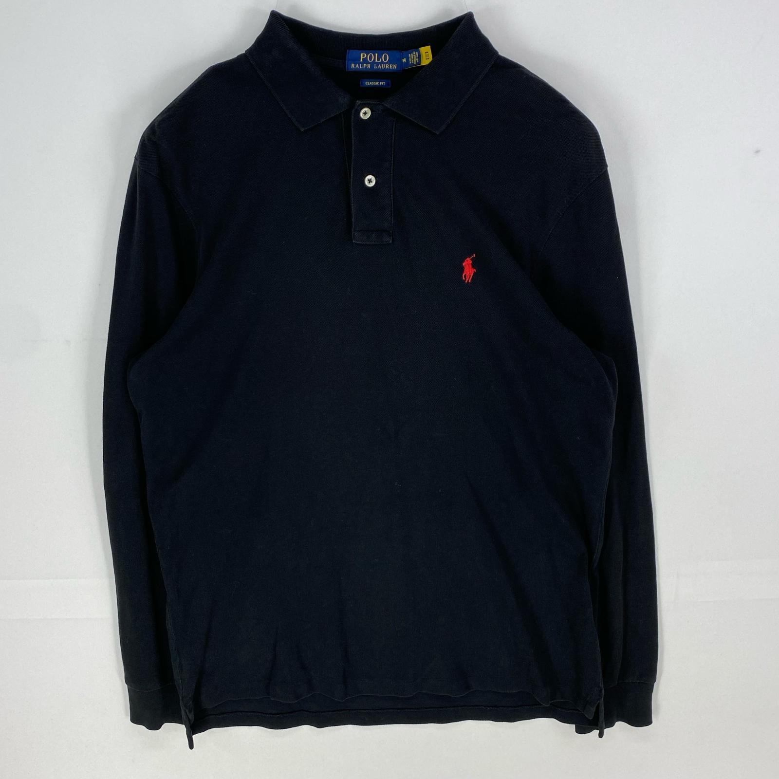 古着 ポロ・ラルフローレン POLO RALPH LAUREN 鹿の子 長袖シャツ ワンポイント ロングスリーブ ポロシャツ M  ブラック系 メンズ