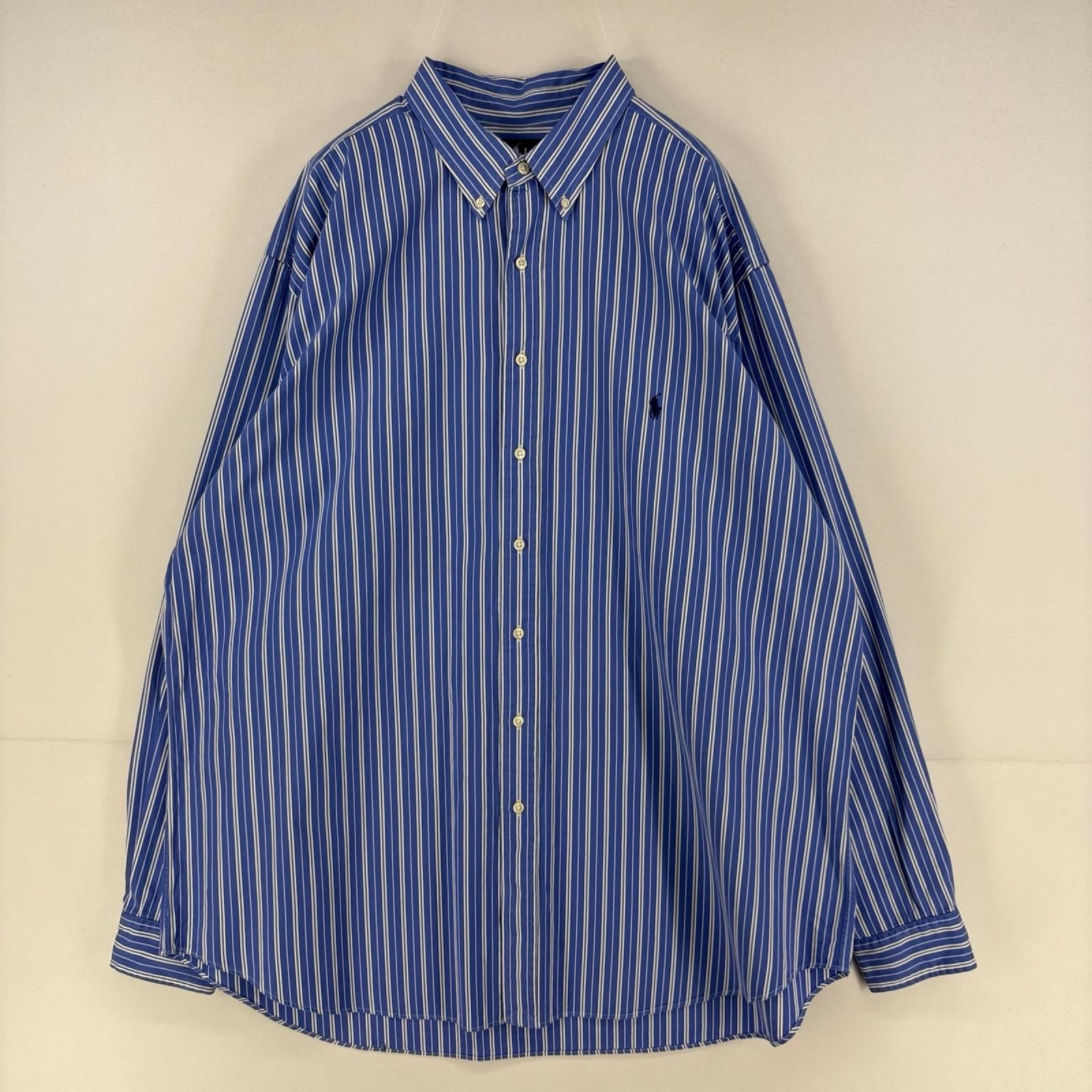 古着 ラルフローレン RALPH LAUREN 長袖シャツ ボタンダウン ワンポイント刺繍ロゴ 大きいサイズ 2XL ブルー系 ストライプ メンズ