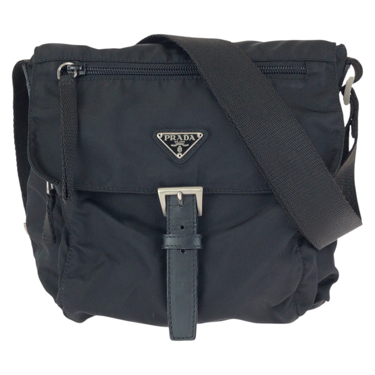 美品 PRADA プラダ テスート 三角ロゴプレート ブラック 黒 シルバー金具 ナイロン レザー/ ショルダーバッグ メッセンジャーバッグ 601910 【中古】