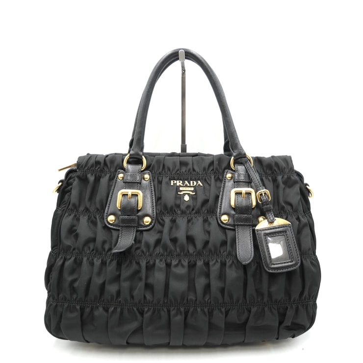 PRADA(プラダ)テスート ゴーフレ 2WAYハンドバッグ ギャザー ブラック ナイロン レザー ゴールド金具 レディース【中古】