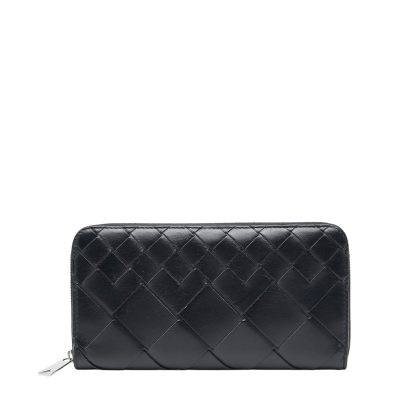 ボッテガヴェネタ イントレチャート ラウンドファスナー 長財布 ブラック レザー レディース BOTTEGAVENETA 【中古】