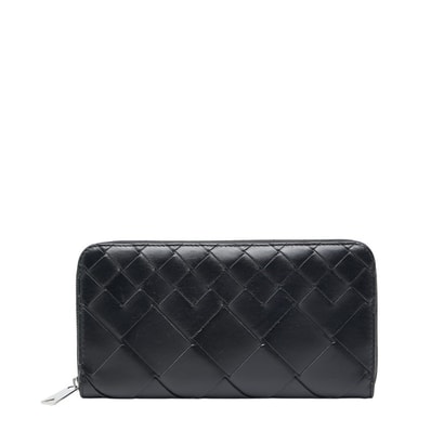 ボッテガヴェネタ イントレチャート ラウンドファスナー 長財布 ブラック レザー レディース BOTTEGAVENETA 【中古】