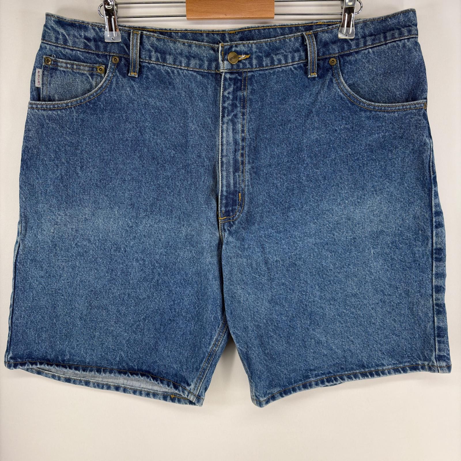 古着 カーハート Carhartt USA製 デニム パンツ ワンポイントロゴ ハーフ ショートパンツ ジッパーフライ w42  ブルー系 メンズ
