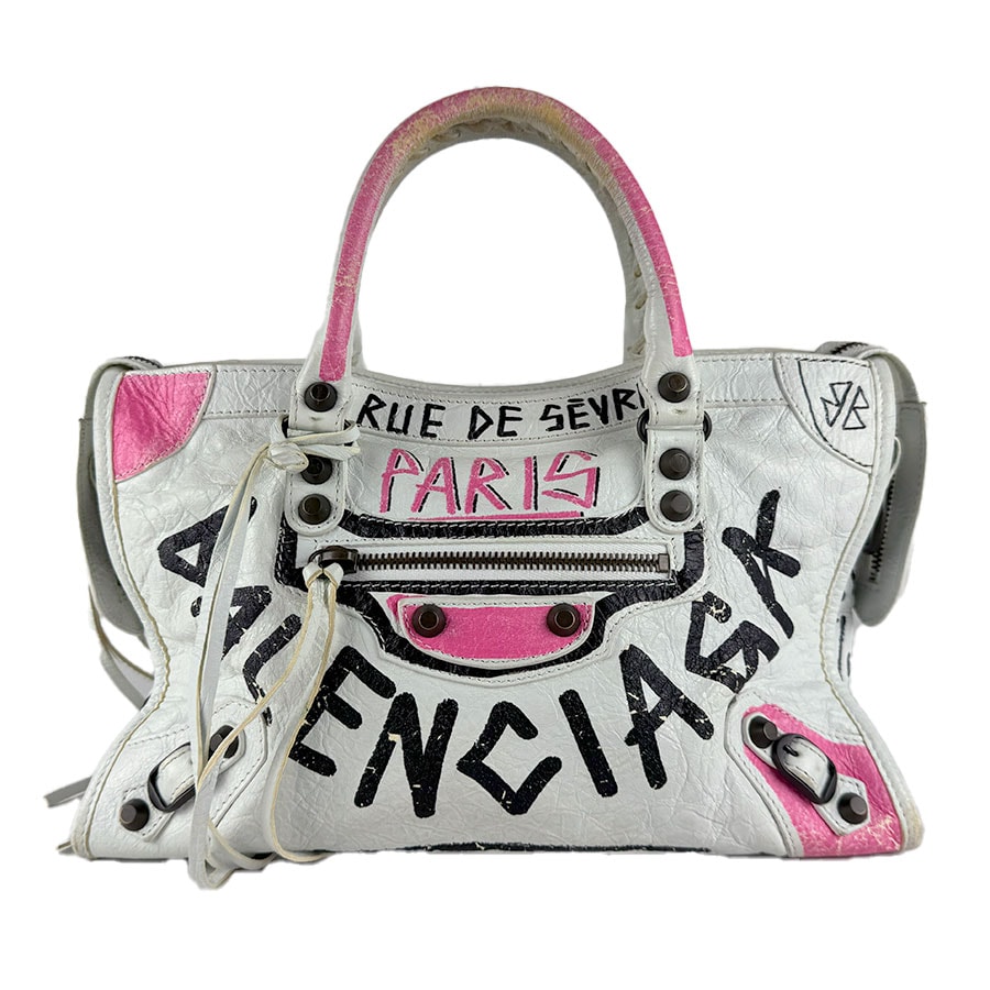バレンシアガ BALENCIAGA ハンドバッグ クラシック シティ グラフィティ レザー ホワイト/ブラック/ピンク レディース【中古】 z10885