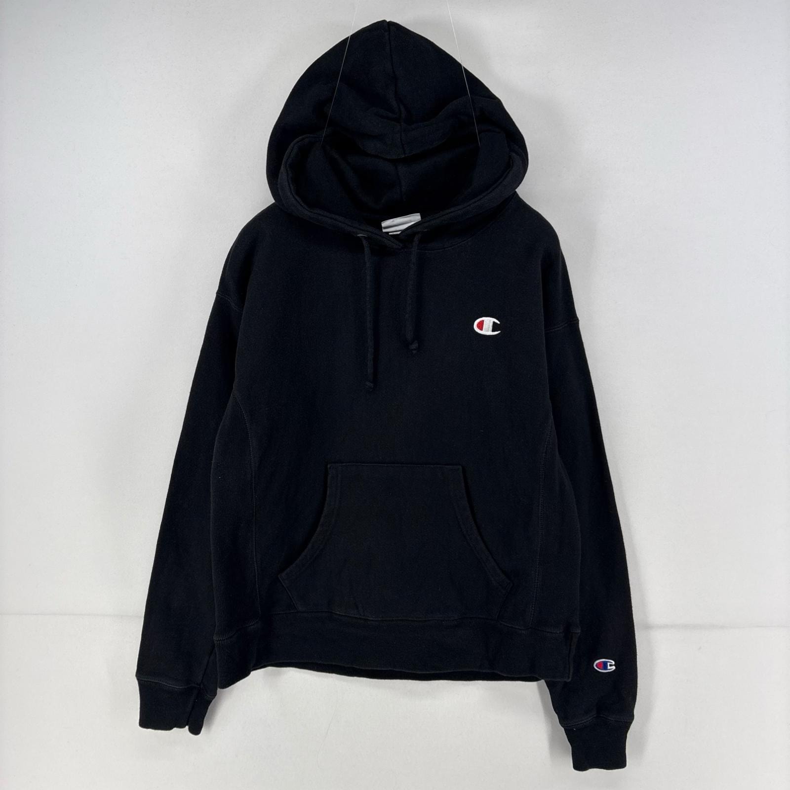 古着 チャンピオン Champion パーカー ワンポイントロゴ 刺繍 リバースウィーブ スウェット S  ブラック レディース