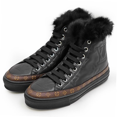 【極美品】LOUIS VUITTON ルイ・ヴィトン スニーカー ファー サイズ 35.5 レディース ステラーライン 2019年製 LVモノグラム ロゴ サイドジップ ハイカット レザー シューズ 靴 箱・袋・替え紐付属 ブラック ブラウン 黒 茶色 伊製