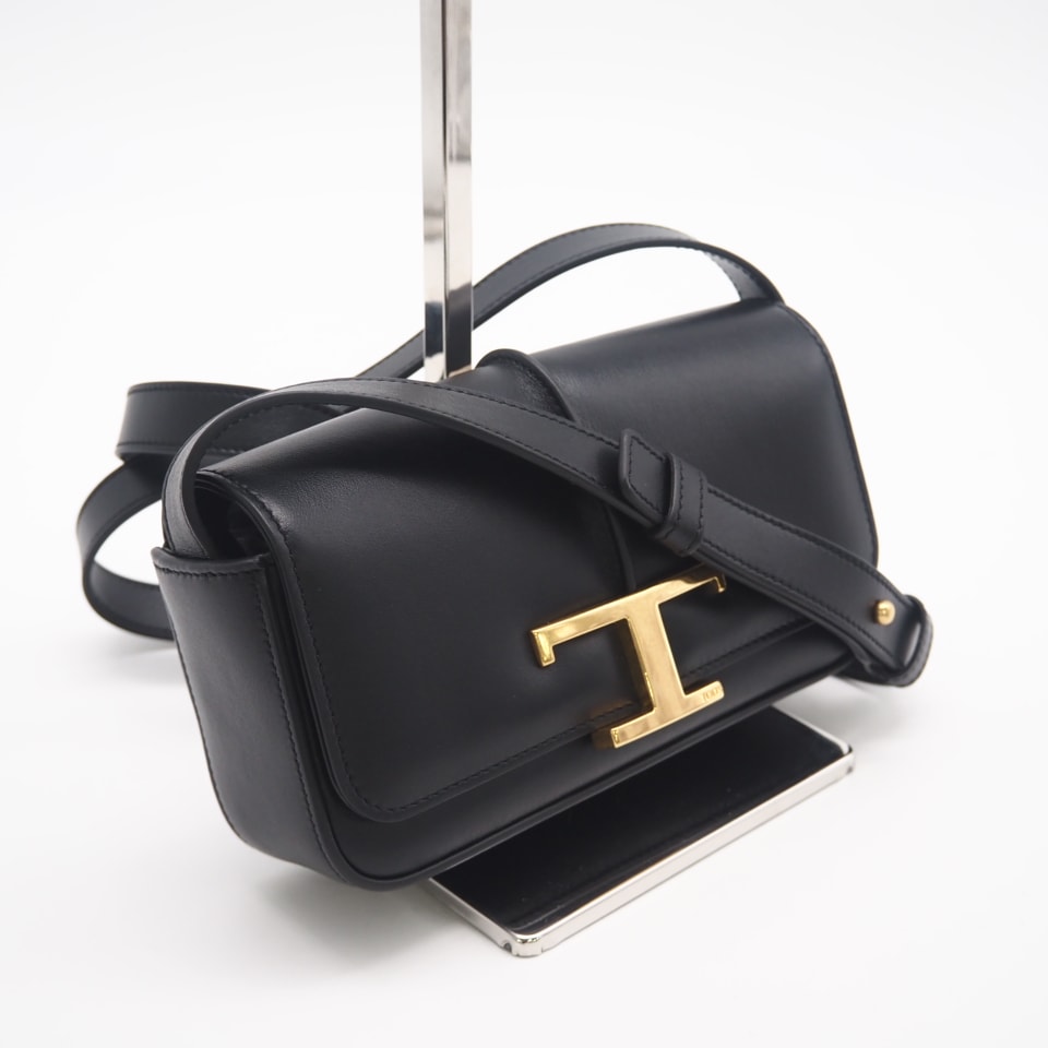 美品 TOD’S トッズ カーフレザー T タイムレス レザー クロスボディ バッグ マイクロ XBWTTTC9000RORB999 ショルダーバッグ ブラック レザー レディース