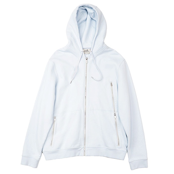 【美品】HERMES エルメス スウェット 2024SS パーカー フーディー ジップアップ アシンメトリー ジップポケット コットン100% トップス メンズ サイズ L サックスブルー 青 イタリア製