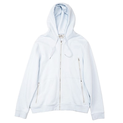 【美品】HERMES エルメス スウェット 2024SS パーカー フーディー ジップアップ アシンメトリー ジップポケット コットン100% トップス メンズ サイズ L サックスブルー 青 イタリア製