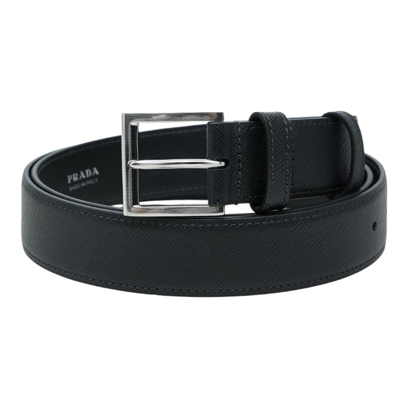 プラダ 三角ロゴプレート サフィアーノ ベルト サイズ110/44 2CC672 ブラック シルバー レザー メタル メンズ PRADA 【中古】