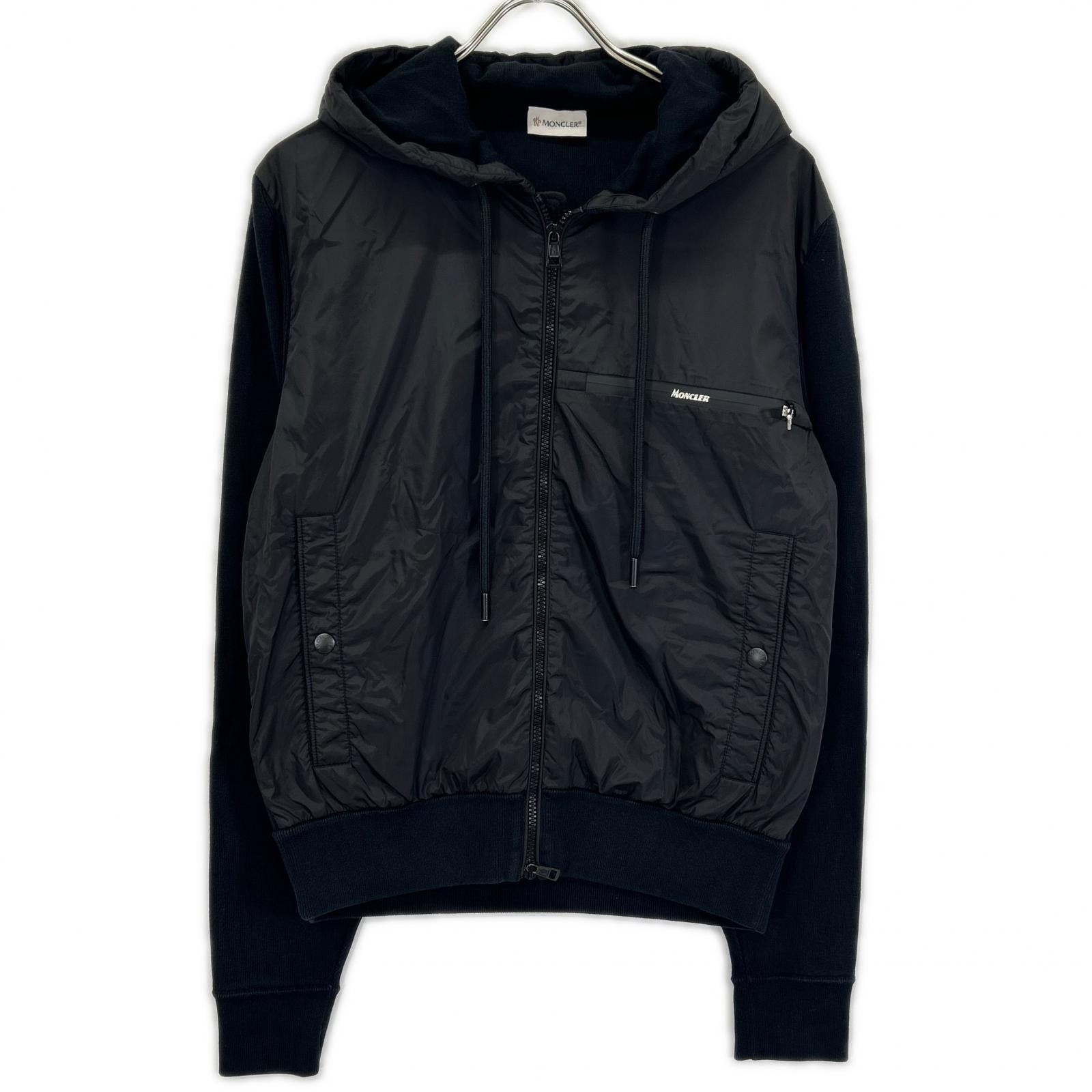 モンクレール 20年製 ブラック ナイロン×コットン TRICOT CARDIGAN ジップアップフーテッドジャケット M