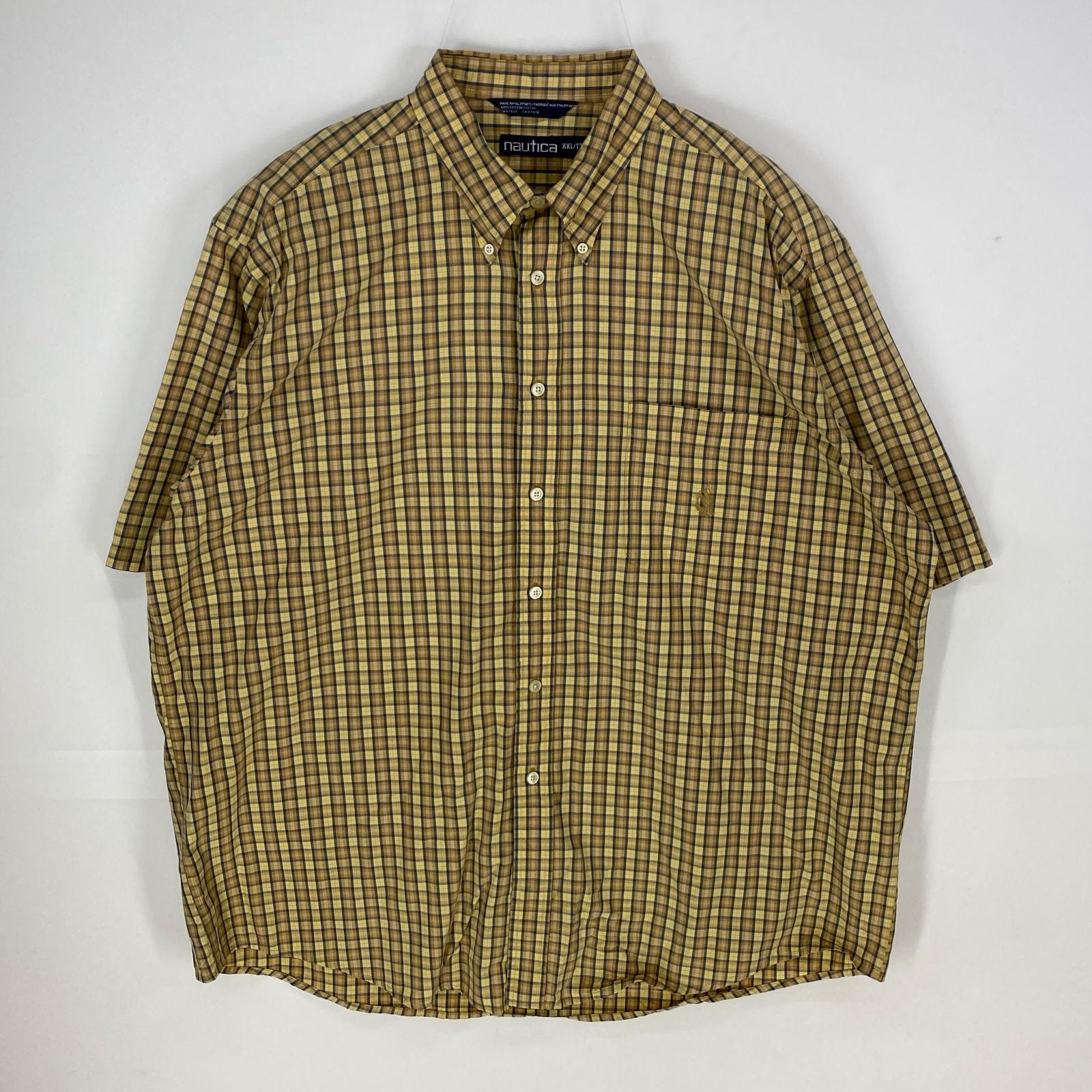 古着 ノーティカ NAUTICA 半袖シャツ ワンポイントロゴ ボタンダウン 胸ポケット 2XL イエロー系 チェック メンズ