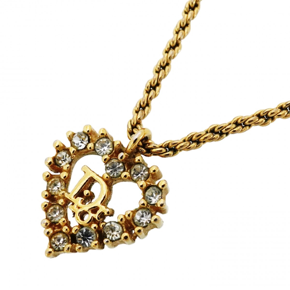 【6jcb0972】クリスチャンディオール ネックレス ディオールロゴ ハートモチーフ GPメッキ ラインストーン ゴールド【中古】レディース