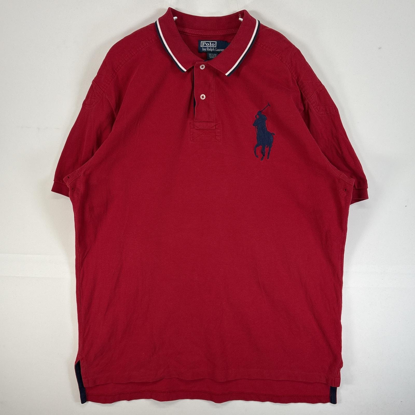 古着 90's/90年代 ポロバイラルフローレン Polo by Ralph Lauren 鹿の子 半袖 ポロシャツ ビッグポニー 大きいサイズ 肉厚 2ボタン XL  レッド 無地 メンズ