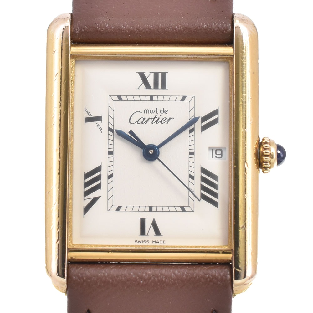 カルティエ CARTIER W1013754 マストタンク SV925(GP)/レザー クォーツ メンズ Q#146578