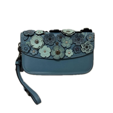 COACH コーチ バッグ グラブタンレザー ティーローズ 花柄 フラワー フローラル アップリケ リストレット クラッチ ポーチ 23536 ブルー