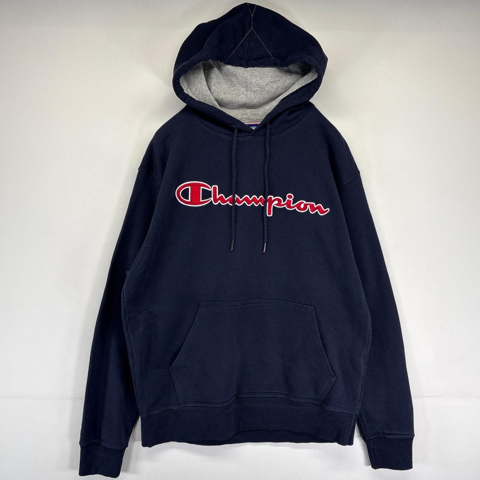 古着 チャンピオン Champion パーカー スウェット ビッグロゴ刺繍 フーディー プルオーバー   M  ネイビー メンズ