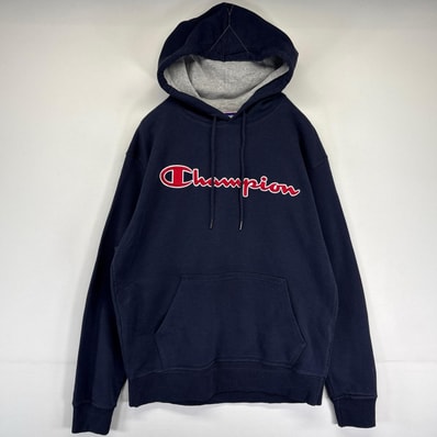 古着 チャンピオン Champion パーカー スウェット ビッグロゴ刺繍 フーディー プルオーバー M ネイビー メンズ