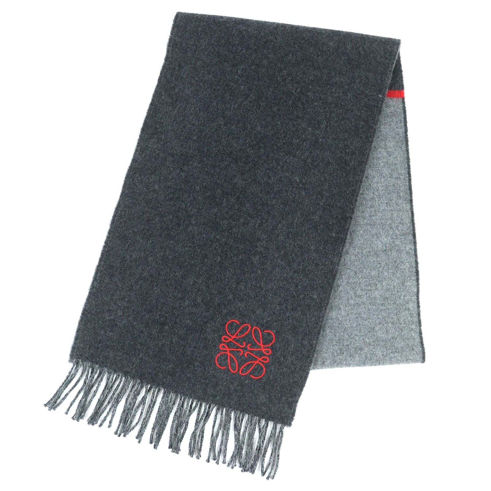 極美品 ロエベ アナグラム刺繍 フリンジ ロングマフラー グレー カシミヤ混