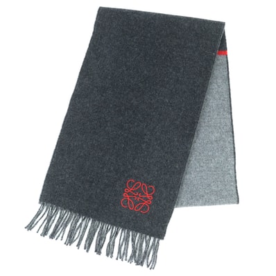 極美品 ロエベ アナグラム刺繍 フリンジ ロングマフラー グレー カシミヤ混