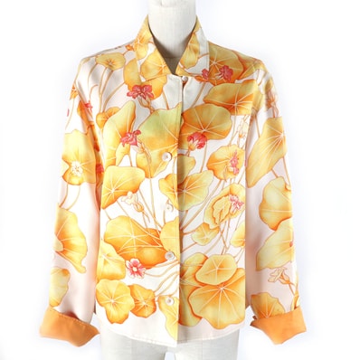良品 エルメス 長袖シャツ Les Capucines 金蓮花 オレンジ系 38