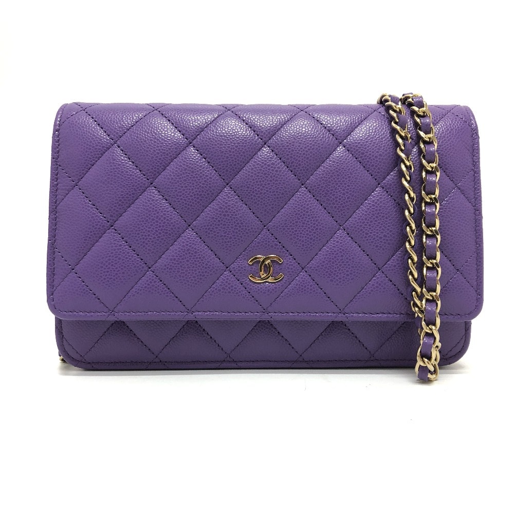 シャネル CHANEL CCココマーク マトラッセ A33814 長財布 チェーンウォレット 斜め掛け カバン ショルダーバッグ キャビアスキン パープル 未使用