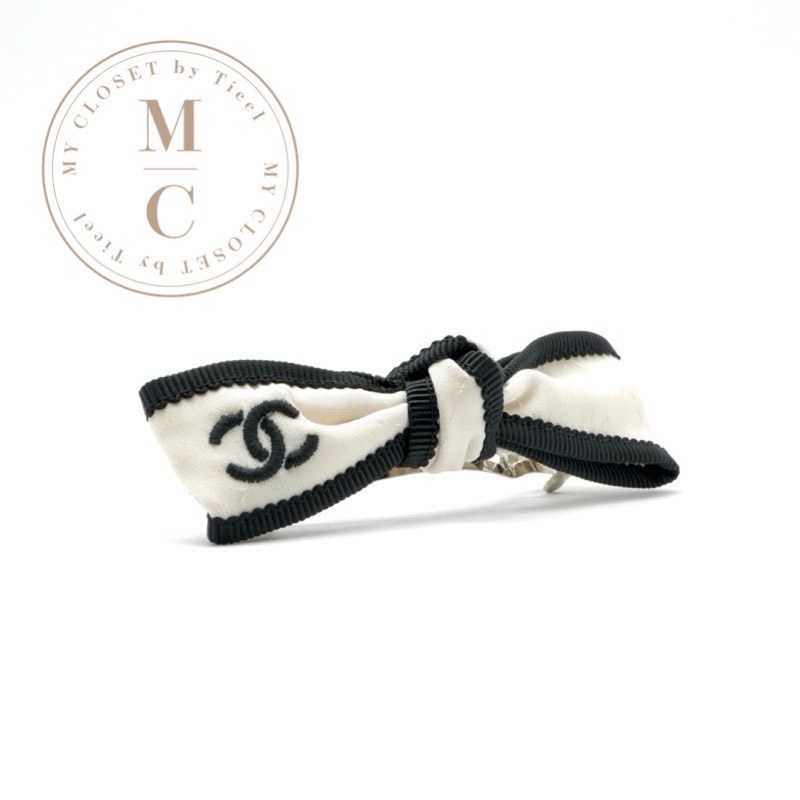 シャネル CHANEL ヘアアクセサリー アイボリー ブラック ココマーク リボン バレッタ ヘアクリップ