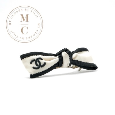 シャネル CHANEL ヘアアクセサリー アイボリー ブラック ココマーク リボン バレッタ ヘアクリップ