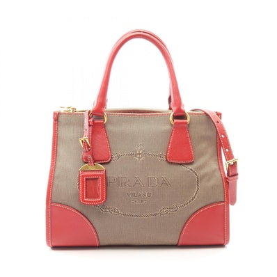 プラダ PRADA ロゴジャガード 2WAY ハンドバッグ バッグ キャンバス レザー レディース ベージュ系 / レッド系 BN2288 【中古】
