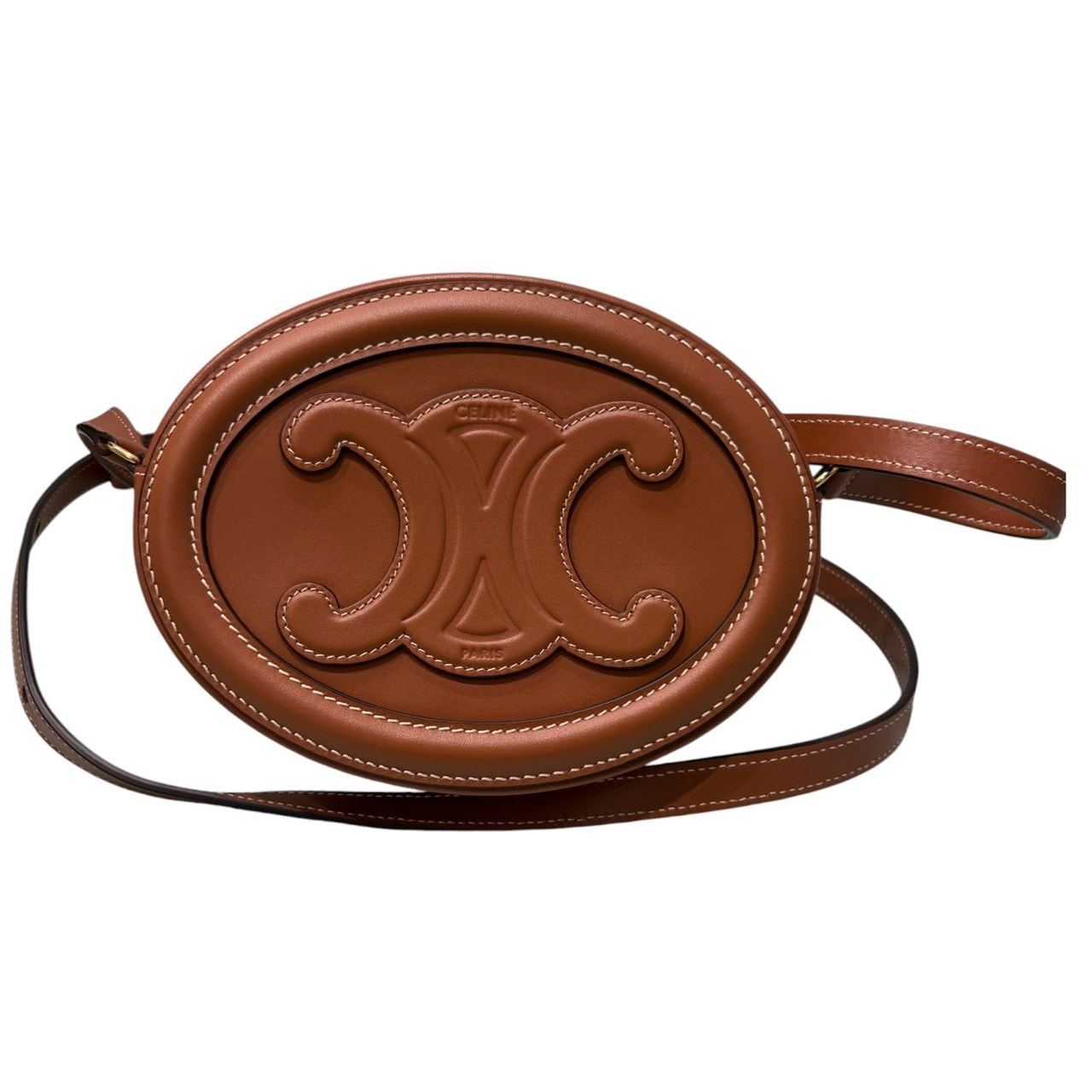 美品 CELINE セリーヌ トリオンフ オーバルパース ブラウン タン レザー ショルダーバッグ S1-00167 【中古】