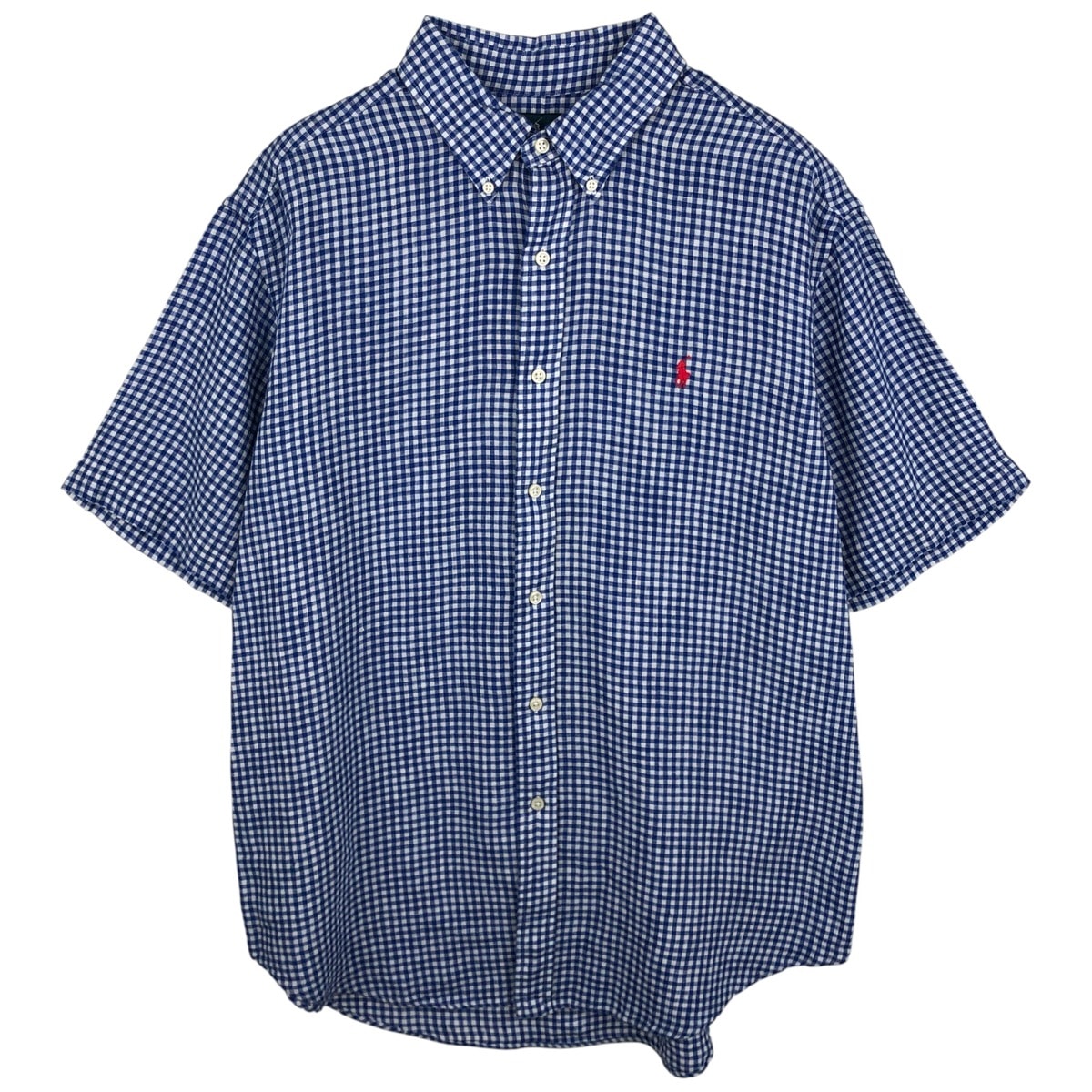 古着 ラルフローレン Ralph Lauren CLASSIC FIT ギンガムチェック 半袖 リネン ボタンダウンシャツ メンズXL相当/eaa612008