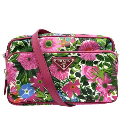 PRADA プラダ ショルダーバッグ ポシェット トライアングルロゴ 花柄 フラワー 肩掛け 斜め掛け BT1010 ナイロン レザー ピンク シルバー金具 レディース【中古品】