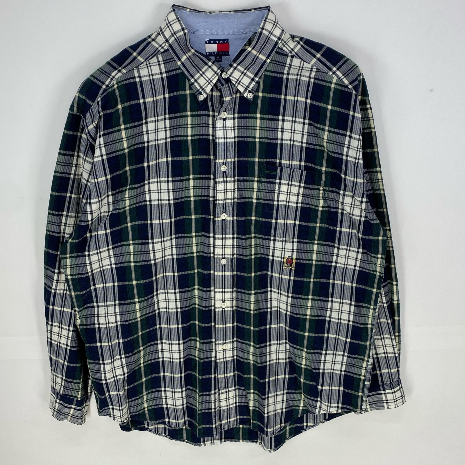 古着 トミーヒルフィガー TOMMY HILFIGER シアサッカー 長袖シャツ ボタンダウン 胸ポケット XL グリーン系 チェック メンズ