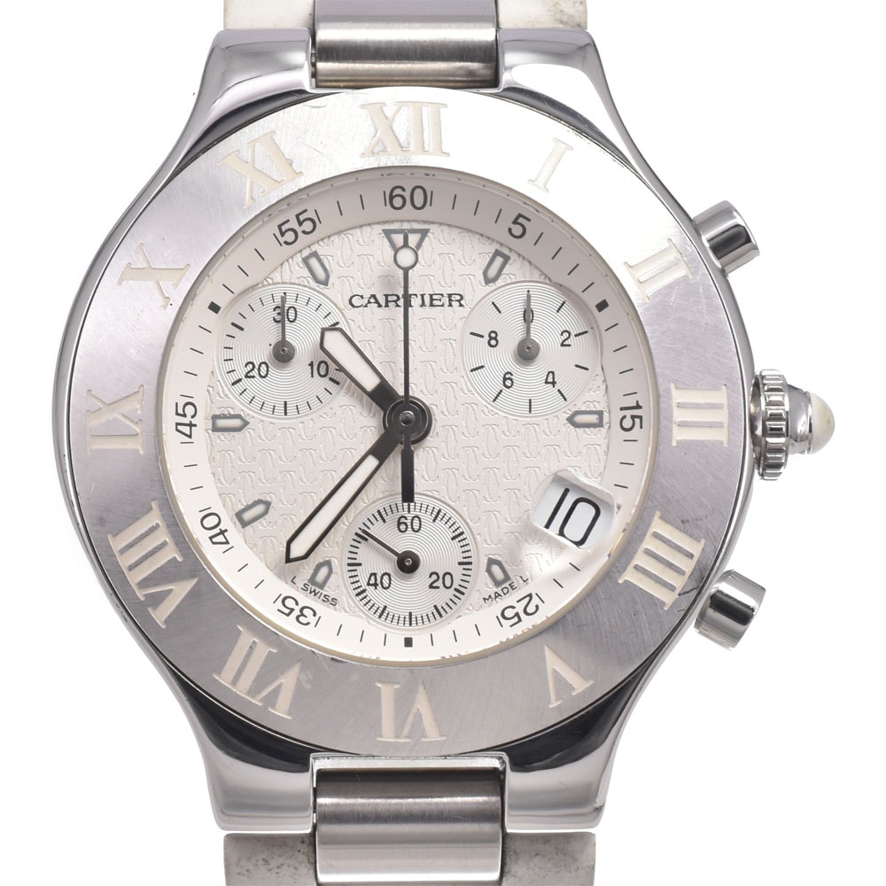 カルティエ CARTIER W10184U2 マスト21 クロノスカフ クロノグラフ デイト ホワイト クォーツ メンズ 良品 腕時計 M#150802