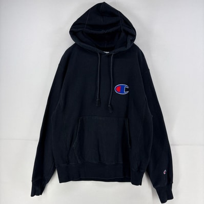古着 チャンピオン Champion パーカー プルオーバー リバースウィーブ ワンポイント ワッペンスウェット M ブラック 無地 メンズ