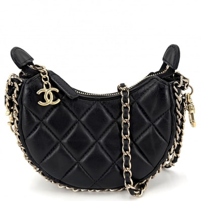 CHANEL シャネル ショルダーバッグ ココマーク スモールホーボー マトラッセ ミニバッグ 肩掛け 斜め掛け チェーンショルダー ラムスキン ブラック 黒 ゴールド金具 レディース【中古品】