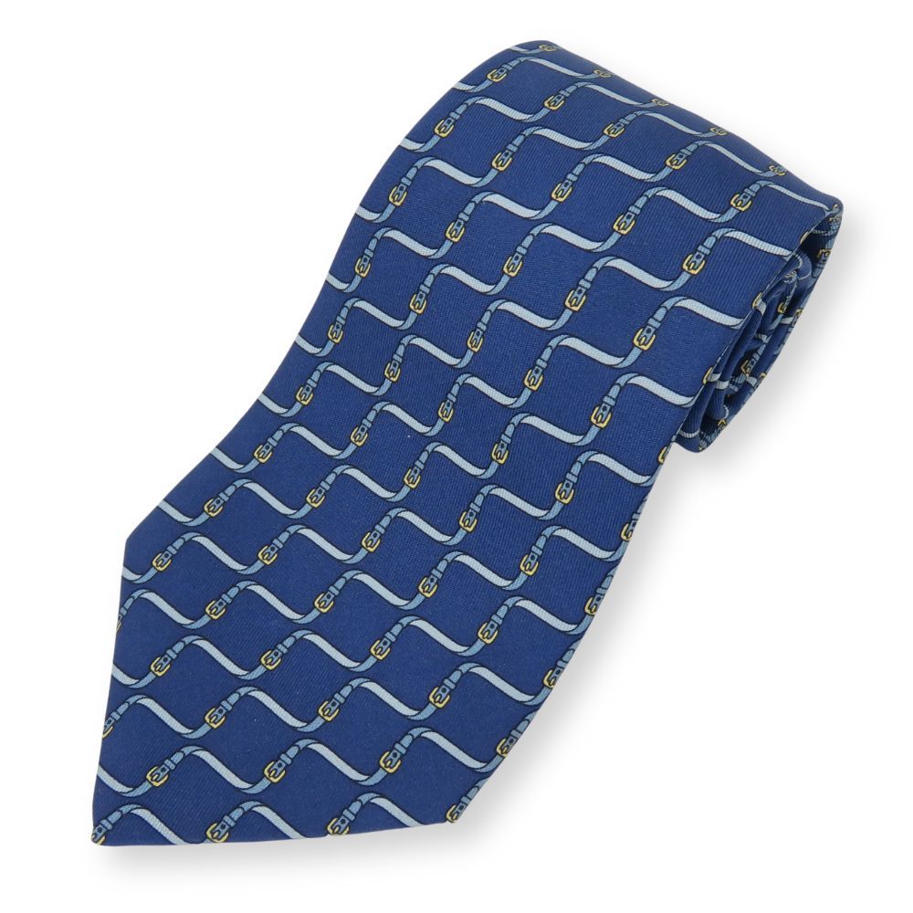 【中古】 エルメス ネクタイ ベルト柄 シルク ブルー系 紳士 スーツ ビジネス メンズ 男性 HERMES