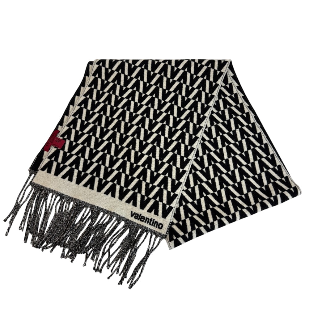 ヴァレンティノ VALENTINO マフラー ヴァレンティノガラヴァーニ Vロゴ 総柄 フリンジ ホワイト