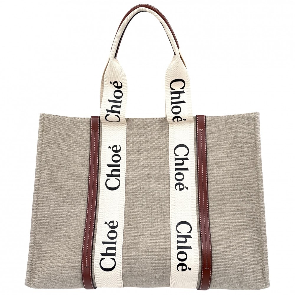 Chloe クロエ ハンドバッグ ウッディ ラージトートバッグ 肩掛け WOODY  リネンキャンバス  カーフスキン  ベージュ アイボリー レディース 美品【中古品】
