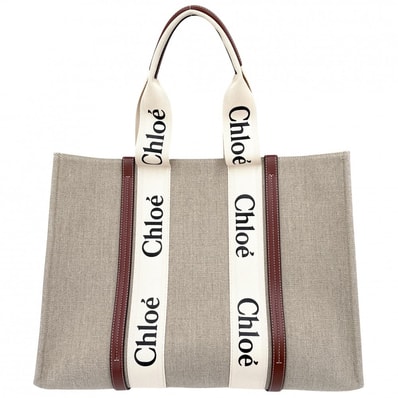 Chloe クロエ ハンドバッグ ウッディ ラージトートバッグ 肩掛け WOODY リネンキャンバス カーフスキン ベージュ アイボリー レディース 美品【中古品】