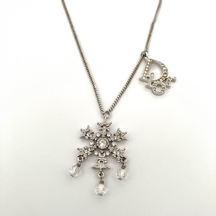 クリスチャンディオール Christian Dior スノーフレーク ロゴ ラインストーン 雪の結晶 シルバーカラー GP ネックレス【鑑定済み】正規品