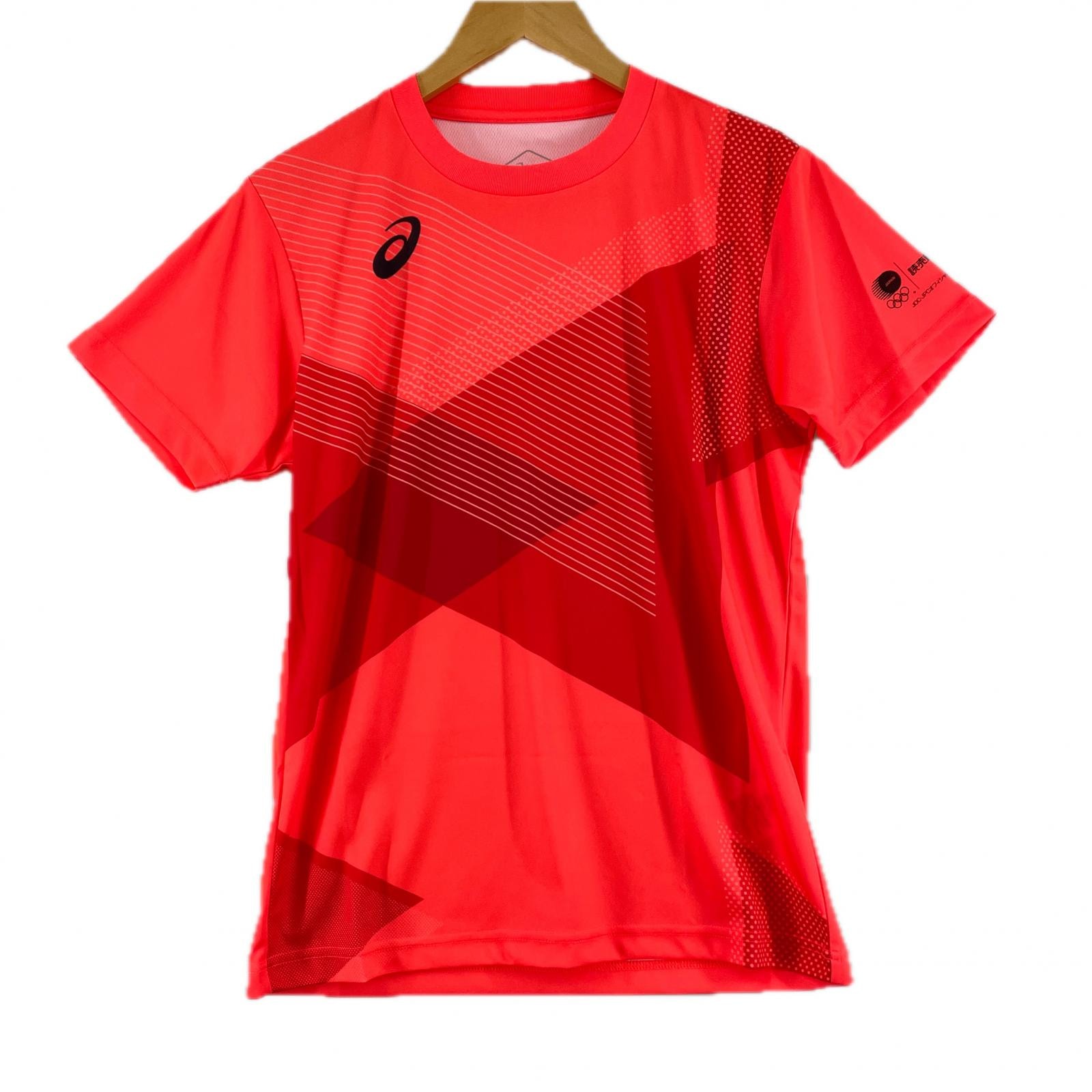 美品 asics アシックス ブランドロゴ 春夏 SS 半袖Tシャツ ポリエステル レッド メンズ M スポーツウェア【古着】【中古】