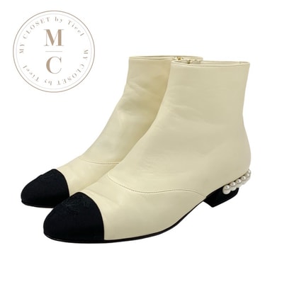 シャネル CHANEL ブーツ ショートブーツ 靴 シューズ レザー ファブリック アイボリー ブラック ココマーク パール