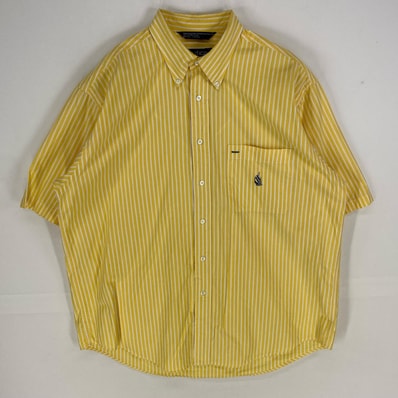 古着 90's/90年代 ノーティカ NAUTICA 半袖シャツ ボタンダウン 胸ポケット ショートスリーブ L イエロー系 ストライプ メンズ